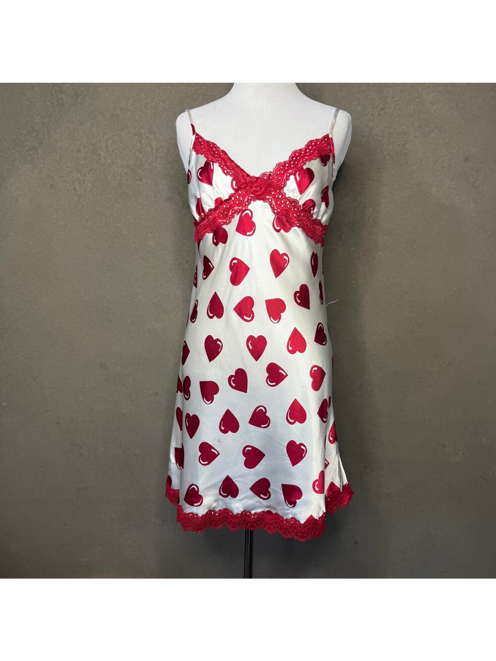 Jaclyn Smith Satin Heart Print Slip Dress Lace Trim Chemise Small Y2K